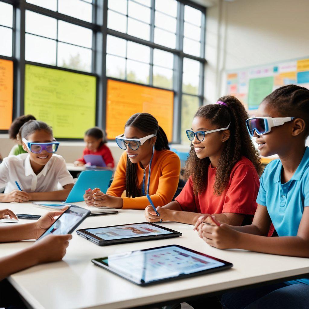 A diverse group of scholars engaged in a dynamic learning environment, showcasing innovative educational resources like digital tablets, interactive whiteboards, and virtual reality headsets. Bright, encouraging colors symbolize empowerment and collaboration, with books and educational materials scattered around. The background features a modern classroom with large windows, letting in natural light. super-realistic. vibrant colors. educational setting.