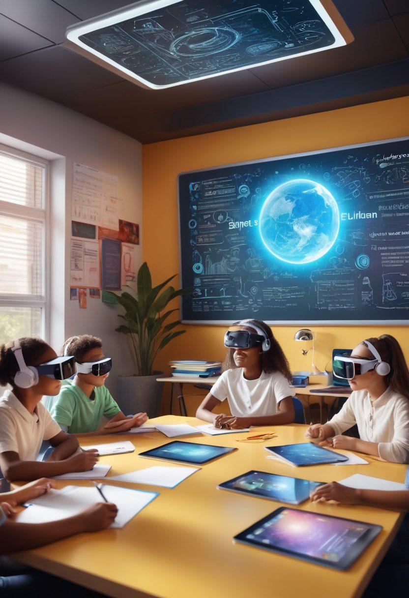 A futuristic classroom filled with diverse students using innovative e-learning tools, such as VR headsets and interactive tablets. Bright, engaging visuals showcase holographic lesson elements floating in the air, symbolizing active learning. A chalkboard in the background displays inspiring quotes about success and education. The atmosphere is vibrant and inspirational, reflecting a blend of technology and education. super-realistic. vibrant colors.